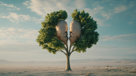 An imaginative depiction of a tree with shell-like leaves, symbolizing love and nature's beauty in a calm and serene desert landscape.の素材