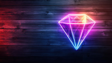 This neon diamond illustration adds a vibrant glow to a dark wooden background, making it perfect for creative designs and modern artistic projects.の素材