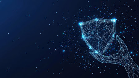 A futuristic digital representation of a hand holding a shield, symbolizing data protection and cybersecurity in a technological landscape filled with glowing connections.の素材