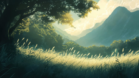 A serene landscape featuring lush green grass in the foreground, majestic mountains in the background, and soft morning light creating a tranquil atmosphere, perfect for nature lovers.の素材