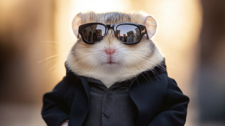 A quirky hamster dons stylish sunglasses and a sleek suit, radiating confidence and charm. This fun image captures the humorous side of adorable pets in a playful and engaging way.の素材