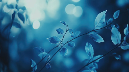 Captivating image of blue leaves with a soft focus, layered against a dreamy background of blurred bokeh lights, perfect for tranquil and serene designs.の素材