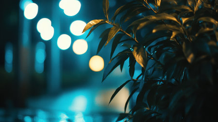 This image captures a serene nighttime urban environment, showcasing lush green leaves against a backdrop of blurred blue city lights, creating a tranquil atmosphere.の素材