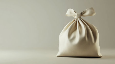 A beautiful white fabric bag tied with a bow sits gracefully against a soft neutral background, ideal for showcasing gift ideas or enhancing creative projects.の素材