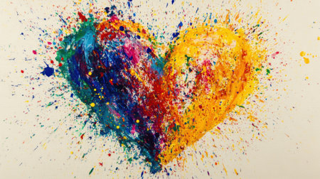 This stunning heart artwork combines vibrant colors and dynamic splashes, symbolizing love and creativity, perfect for art lovers seeking joyful and expressive designs for their space.の素材