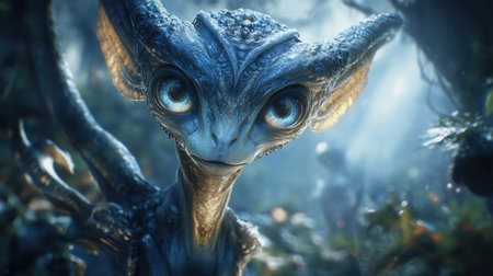 An enchanting blue creature with large eyes gazes from a vibrant fantasy forest, surrounded by magical light, creating a whimsical and immersive atmosphere.の素材
