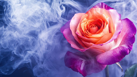 A stunning pink and orange rose emerges from a backdrop of soft swirling smoke, evoking feelings of romance and artistic elegance in a natural setting.の素材