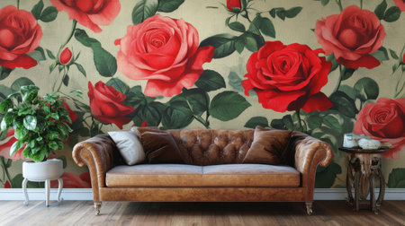 This image showcases a stylish living room featuring a vintage Chesterfield sofa in front of stunning rose-patterned wallpaper, offering a warm and cozy ambiance.の素材