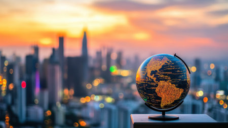 A beautifully lit globe rests prominently in front of a vibrant city skyline during sunset, capturing the essence of exploration and global connection in a bustling urban setting.の素材