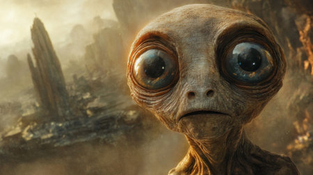 This captivating image features an alien character with large expressive eyes and unique features, set against a dramatic and surreal extraterrestrial landscape.の素材