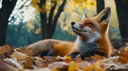 A stunning red fox lounges in a serene forest environment, surrounded by vibrant autumn leaves. The warm sunlight enhances the beauty and tranquility of this wildlife scene.の素材
