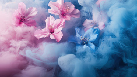 Soft pink and blue flowers emerge gracefully from colorful smoke, creating a dreamy atmosphere perfect for artistic and creative applications in photography or design.の素材