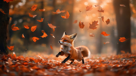 A lively fox runs joyfully through an autumn forest, capturing the essence of the season as colorful leaves cascade around it in a serene natural setting.の素材