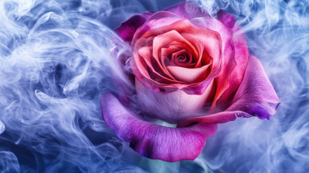 A striking image of a rose engulfed in colorful smoke, showcasing the beauty of nature wrapped in an ethereal atmosphere, perfect for artistic and decorative purposes.の素材