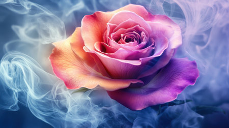 A stunning close-up of a colorful rose with swirling smoke, showcasing soft hues of pink, orange, and purple, creating an enchanting and ethereal vibe perfect for artistic projects.の素材