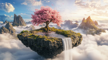 A breathtaking floating island scene featuring a pink blossom tree beside a tranquil waterfall, surrounded by majestic mountains and soft clouds under a vibrant sunset sky.の素材