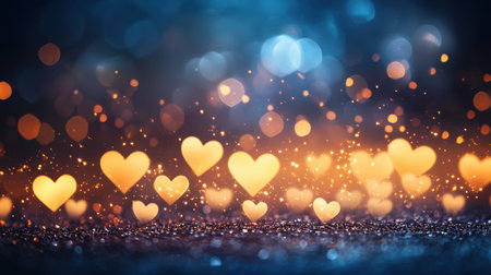 This enchanting image features glowing heart shapes amidst soft bokeh and sparkling lights, perfect for romantic themes, celebrations, or invitations.の素材