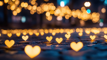 A captivating scene with heart-shaped bokeh lights illuminating a cobblestone street, evoking feelings of love and romance perfect for special occasions and joyful moments.の素材
