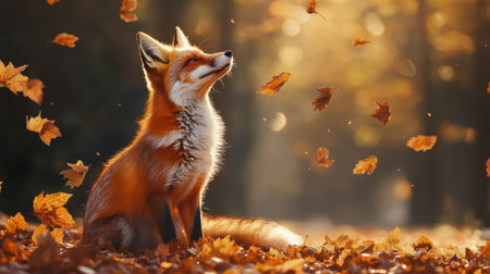 A stunning red fox sits peacefully in a forest, surrounded by a cascade of colorful autumn leaves, highlighted by warm sunlight filtering through the trees.の素材