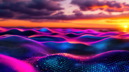 This vibrant image features colorful waves in a sunset landscape, infused with digital patterns and lights, creating a serene and surreal oceanic experience.の素材