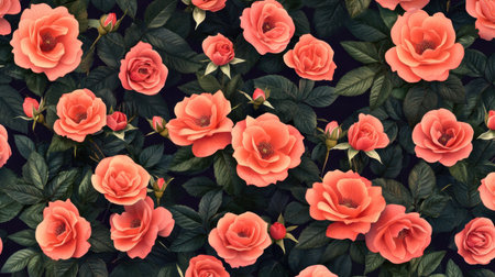 This captivating floral pattern showcases beautiful peach roses intertwined with lush green leaves, making it perfect for elegant designs and nature-inspired decor.の素材