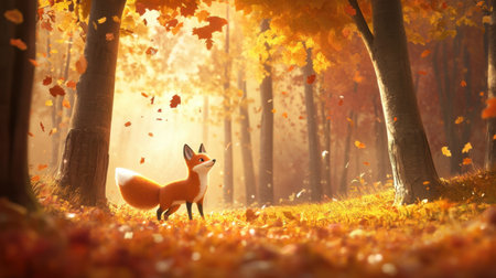 A charming fox gazes curiously in an enchanting autumn forest filled with colorful leaves, soft light, and a tranquil atmosphere, perfect for nature lovers and animal enthusiasts.の素材