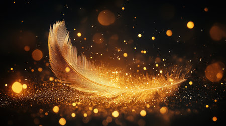 A stunning image of a golden feather surrounded by shimmering particles, creating a magical and ethereal ambiance perfect for various creative projects and designs.の素材