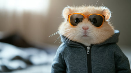 Adorable hamster wearing sunglasses and a hoodie showcases a fun and trendy pet fashion vibe, perfect for animal lovers and quirky lifestyle visuals.の素材