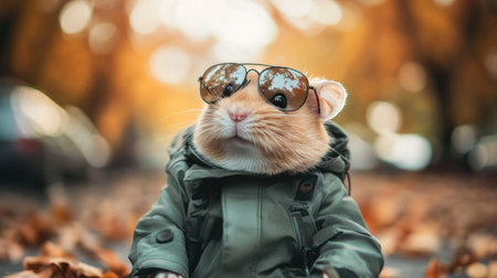 A charming hamster wearing stylish sunglasses and a cozy jacket sits among vibrant autumn leaves, beautifully capturing the playful spirit of fall and adorable pet fashion.の素材