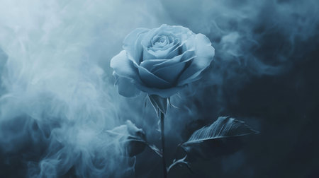 A stunning blue rose emerges from soft, swirling smoke, set against a dark background. This image captures a sense of mystery and elegance, ideal for romantic or artistic themes.の素材