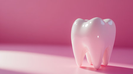 A glossy white tooth model set against a soft pink background, ideal for illustrating dental health, oral hygiene, and wellness themes in promotional and educational materials.の素材