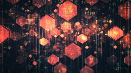 Vibrant abstract background featuring glowing hexagons and beautiful lights, perfect for creative projects, media designs, and modern digital art.の素材