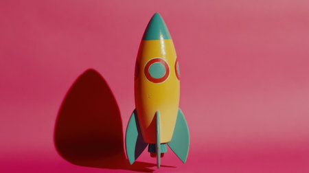 A delightful toy rocket is set against a striking pink background, capturing the essence of imagination and playfulness, perfect for children's themes and creative projects.の素材
