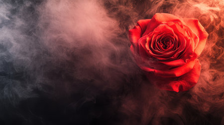 A stunning red rose elegantly emerges from soft, swirling smoke, creating a captivating and romantic ambiance perfect for artistic and creative visual projects.の素材