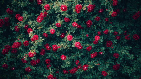 A stunning aerial view showcasing a dense arrangement of red roses set against lush green foliage, celebrating the vibrant colors and natural beauty of floral life in a garden.の素材