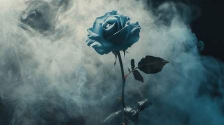A stunning blue rose emerges from a veil of soft smoke, creating a captivating visual that blends elegance and mystery in a serene dark atmosphere.の素材