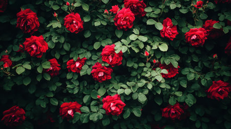 This image captures a stunning display of vibrant red roses nestled among lush green leaves, ideal for projects related to nature, floral design, or garden inspiration.の素材