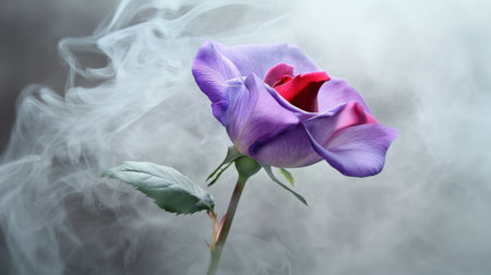 A stunning close-up of a delicate purple rose enveloped in soft mist, showcasing natural beauty, elegance, and the romantic essence of flowers in an artistic composition.の素材