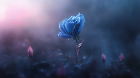 A stunning blue rose blooms gracefully amidst a soft and dreamy backdrop, capturing the essence of serenity and natural beauty in an enchanting atmosphere.の素材