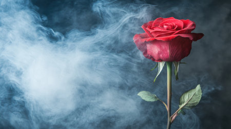 A breathtaking image of a red rose enveloped in soft, swirling smoke, creating a captivating mood that evokes feelings of romance, beauty, and mystery in a serene setting.の素材