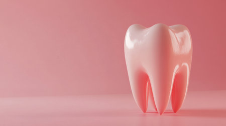 A glossy pink tooth model stands on a soft pink background, representing dental health and hygiene, ideal for educational materials and medical illustrations that promote oral care.の素材