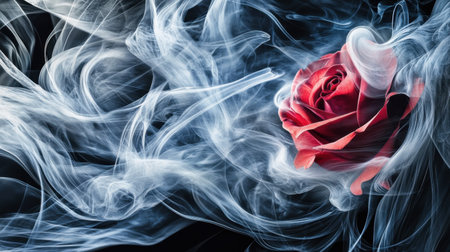 This captivating image features a vibrant red rose emerging from swirling wisps of smoke, creating a dramatic and enchanting atmosphere that highlights the beauty of nature.の素材