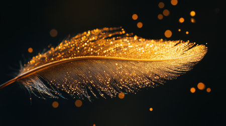A stunning close-up of a glimmering golden feather, beautifully illuminated by enchanting bokeh lights, showcasing elegance and the magic of nature in artistic design.の素材