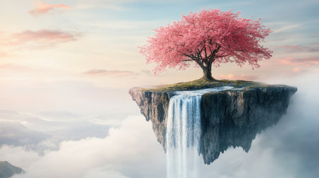 This stunning image features a vibrant cherry blossom tree on a rocky outcrop, cascading waterfalls, enveloped in clouds, creating a serene and surreal landscape at sunset.の素材