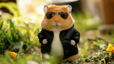 A charming hamster dressed in a black jacket and stylish sunglasses stands confidently amidst colorful flowers, showcasing its unique personality and playful nature in a bright garden setting.の素材