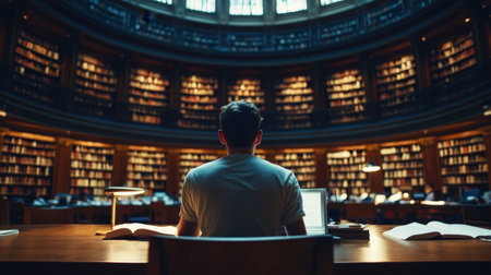 A young person sits at a wooden desk in a grand library, using a laptop. Surrounded by books, the space exudes a calming atmosphere perfect for studying and inspiration.の素材