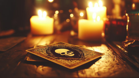 An enchanting still-life featuring a skull card on a wooden table surrounded by glowing candles, creating a mystical ambiance perfect for Halloween or themed decor.の素材