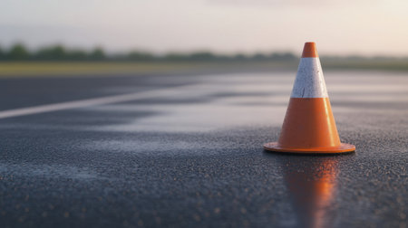 A bright orange traffic cone rests on wet pavement, capturing the essence of safety and caution in urban landscapes. Perfect for conveying themes of control and alertness in design.の素材