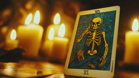 A captivating tarot card depicting a skeleton sits amidst glowing candles on a dark tabletop, creating a mystical atmosphere perfect for spiritual and artistic exploration.の素材