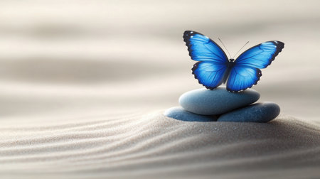 A stunning blue butterfly perched gracefully on a stack of smooth pebbles in a sandy landscape, evoking feelings of peace, harmony, and natural beauty in a tranquil setting.の素材